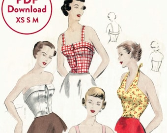 vintage Schnittmuster 1950er 50er Crop Top Neckholder Bluse Bustier tailliert XS S M Sofort Download