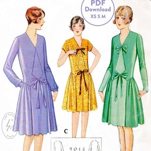 XS S M vintage sewing pattern 1920s 20s flapper dress reproduction / three styles of sleeves / drop waist / PDF Instant Download