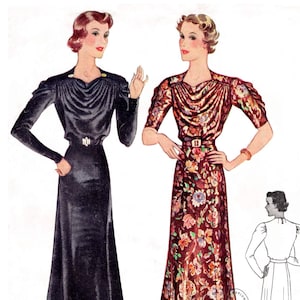 vintage sewing pattern reproduction / 1930s 30s dress pattern in 2 styles / draped bodice / gored skirt / bust 32 34 36 38 40
