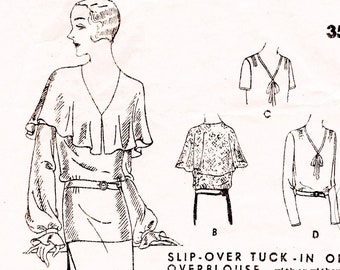 1920s 20s Vintage Blouse Sewing Pattern reproduction / 4 styles / bertha collar / long or short sleeves / bust 38