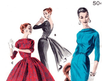 vintage sewing pattern 1950s evening cocktail dress  wiggle dress or full skirt draped sash bust 38 reproduction 1950 50s