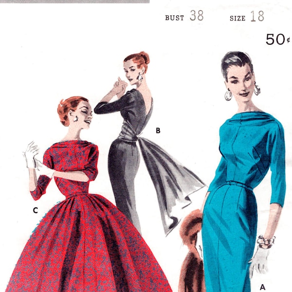 vintage sewing pattern 1950s evening cocktail dress  wiggle dress or full skirt draped sash bust 38 reproduction 1950 50s