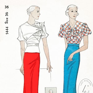May include: A vintage sewing pattern for a woman's dress with a white blouse and a red skirt. The pattern is from Lady Marlowe Studio and is size 36. The pattern is for a dress with a fitted bodice and a full skirt. The skirt has a centre back slit. The pattern is from 1944 and costs 15 pence.