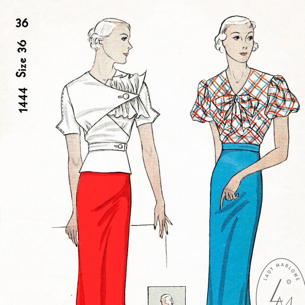 motif de couture vintage années 1930 robe patron chemisier & jupe 2 styles manches bouffantes slim fit buste 36 reproduction / 1930