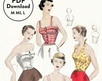 vintage sewing pattern 1950s 50s  crop top halter blouse bustier fitted M ML L pdf  Instant Download