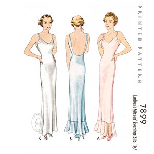 1930s 30s vintage slip dress sewing pattern / bias cut gown / evening length / negligee / low plunge back / bust 32 34 36 38 40