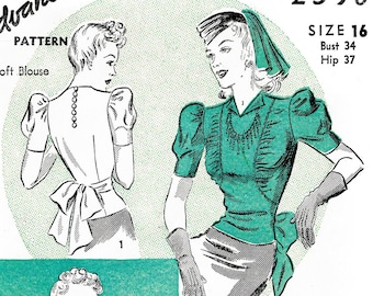Patrón de blusa de los años 40 // costura vintage // día o noche // mangas abullonadas // cierre con botones de lazo // busto 32 34 36 38 40