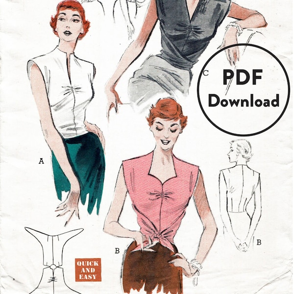 vintage sewing pattern 1950s 50s   blouse top cinched tie waist wrap around Bust 34 B34 Instant Download