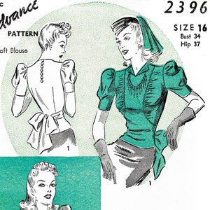 1940 1940s 40s blouse pattern // vintage sewing  // day or evening // puff sleeves // loop button closure // bust 32 34 36 38 40