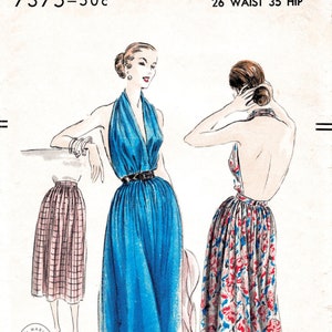 1950s vintage sewing pattern 50s Marilyn  halter dress plunge backless style full skirt  size xsmall small medium large reproduction