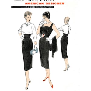May include: Vintage sewing pattern for a black dress with a white blouse. The pattern is from Advance American Designer and is number 8048. The pattern is for a dress with a fitted bodice and a skirt that falls to the knee. The pattern is designed by Edith Head of Paramount Studios, Hollywood.