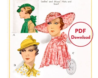 1930s 30s derby hat vintage sewing pattern / set of hats & scarf / reproduction / PDF instant download