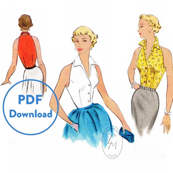 vintage sewing pattern 1950s 50s classic halter top / pointed collar / dart fitted / Bust 34 B34 / PDF Instant Download