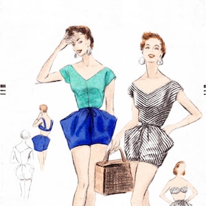 May include: A vintage sewing pattern illustration for a swimsuit with a striped top and a pair of shorts. The pattern is for size 14, with a 32 inch bust and 35 inch hip. The pattern number is 8332-60c.