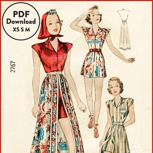 May include: Vintage sewing pattern illustration featuring three women wearing different styles of dresses with a split skirt design. The pattern number is 2767. The text "PDF Download XS S M" is in a circle at the top left corner of the image.