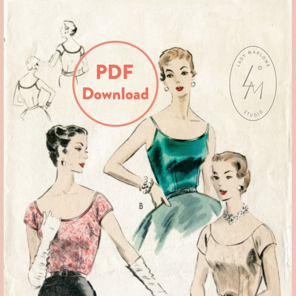 vintage sewing pattern 1950s 50s  cocktail blouse bustier camisole fitted scoop neck Bust 32 Instant Download