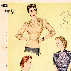1940 vintage sewing pattern 1940s 40s Blouse  long short sleeve evening or day bust 34 34 reroduction