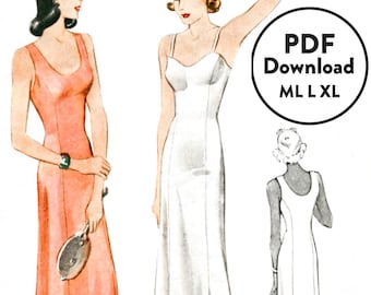 ML L XL modello di cucito vintage anni '30 modello di lingerie vintage anni '30 abito sottoveste negligé principessa cucitura PDF Download immediato
