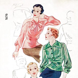 vintage sewing pattern Vintage Sewing Pattern 1930s 30s set of blouses 3 styles art deco  // PICK YOUR SIZE bust 32 34 36 38 40 / 1930