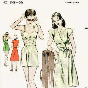 vintage sewing pattern 1940s 40s  crop top bikini bra, shorts, wrap dress beach swim bathing suit waist 26 w26 bust 34 b34 reproduction