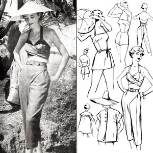 vintage sewing pattern 1950s 50s beachwear 5 piece set  romper playsuit wrap skirt halter capris jacket PICK YOUR SIZE bust 32 34 36 38 40