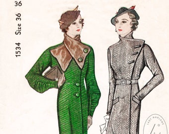 Patrón de costura vintage Patrón de costura vintage Abrigo de los años 30 Cuello de piel desmontable 2 estilos Busto 36 B36 Reproducción