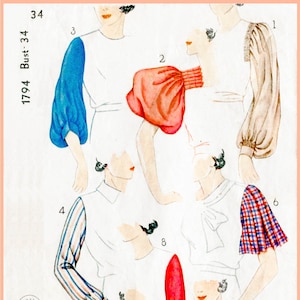 vintage sewing pattern Vintage Sewing Pattern 1930s 30s sleeve set & blouse  8 styles bust 34 reproduction / 1930