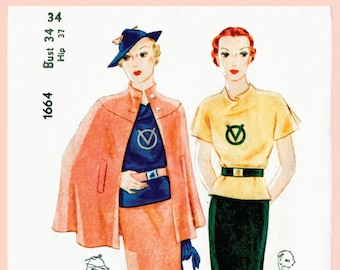 vintage naaipatroon jaren 30 jurkpatroon // rok blouse cape // reproductie // buste 34