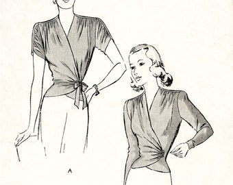 1940 vintage sewing pattern 1940s 40s wrap blouse reproduction soft gathers draped sleeves bust 34