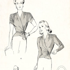 1940 vintage sewing pattern 1940s 40s wrap blouse reproduction soft gathers draped sleeves bust 34