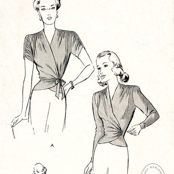 1940 vintage sewing pattern 1940s 40s wrap blouse reproduction soft gathers draped sleeves bust 34