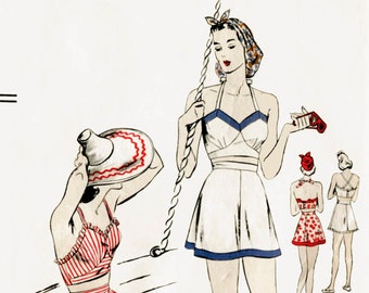 1940s 40s vintage Vogue sewing pattern bust 34 crop top playsuit swim bathing suit beach romper swimwear waist 28 w28 b34 no. 5057 repro