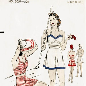 1940s 40s vintage Vogue sewing pattern bust 34 crop top playsuit swim bathing suit beach romper swimwear waist 28 w28 b34 no. 5057 repro