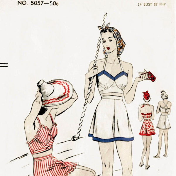 1940s 40s vintage Vogue sewing pattern bust 34 crop top playsuit swim bathing suit beach romper swimwear waist 28 w28 b34 no. 5057 repro