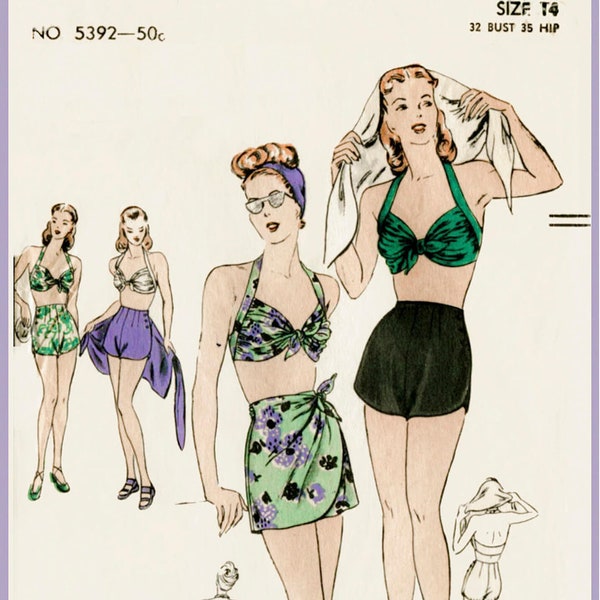 vintage naaipatroon jaren 1940 jaren 40 vintage Vogue naaipatroon bikini bh shorts strand zwemmen badpak taille 26 w26 buste 32 b32 repro