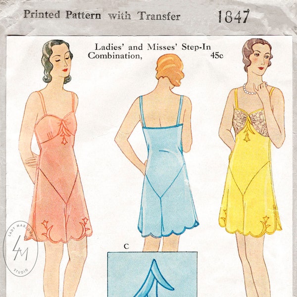 1930s 30s vintage lingerie sewing pattern / step in romper / bodysuit lace teddy / SMALL MEDIUM LARGE / English & French