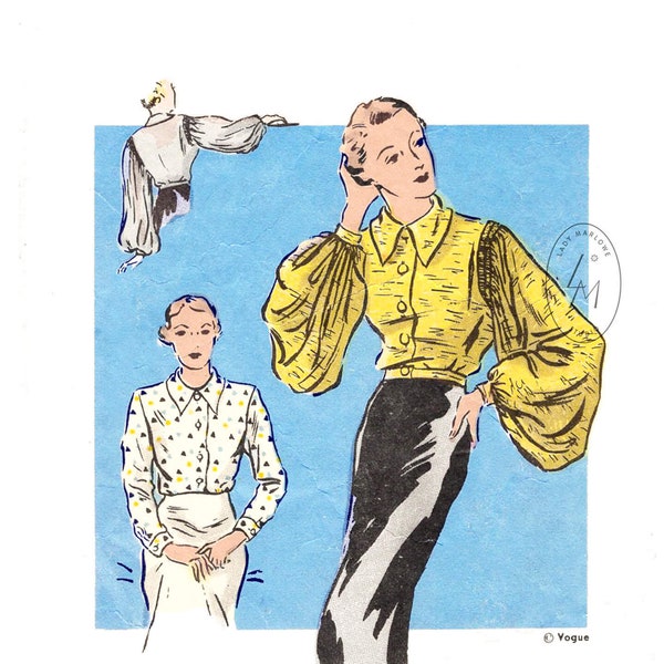 1930s 30s blouse vintage pattern reproduction / 2 styles / bishop sleeves / straight sleeves / bust 32 34 36 38 40