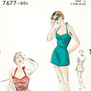 1950s 50s vintage sewing pattern reproduction bust 34  one piece swim swimsuit playsuit skirt beach romper bathing bust 32 b32