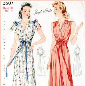 vintage sewing pattern 30s 1930s 40s 1940s vintage gown sewing pattern lingerie slip dress negligee bow detail Bust 34 reproduction