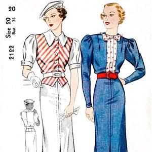 vintage sewing pattern 1930s dress reproduction // 2 styles // puff sleeves // gilet vest // bust 38/ 1930