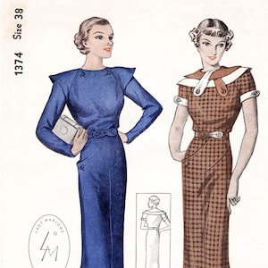 vintage sewing pattern 1930s dress 2 styles fitted kick pleat skirt tab collar / bust 38 reproduction / 1930
