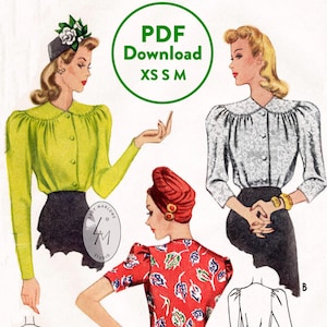 XS S M 1940s Blouse Vintage Sewing Pattern 40s Blouse With 3 Sleeve ...