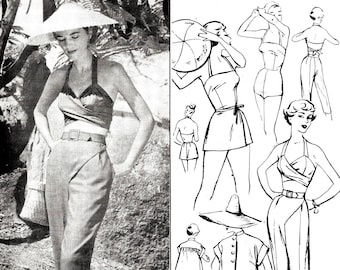 vintage sewing pattern 1950s 50s beachwear 5 piece set  romper playsuit wrap skirt halter capris jacket PICK YOUR SIZE bust 32 34 36 38 40