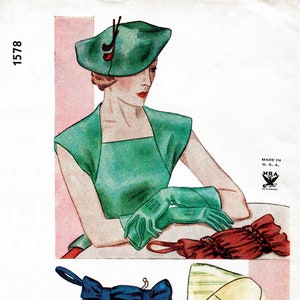 vintage sewing pattern 1930s 30s Vintage accessories Sewing Pattern blouse, hat, gloves, belt, winter muffs bust 34 36 38 / 1930
