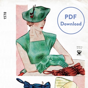 vintage sewing pattern 1930s 30s Vintage accessories Sewing Pattern blouse, hat, gloves, belt, winter muffs bust 38 Instant Download