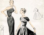 1950s 1960s vintage one shoulder asymmetric cocktail gown wiggle dress sewing pattern evening PICK YOUR SIZE Bust 32 34 36 38