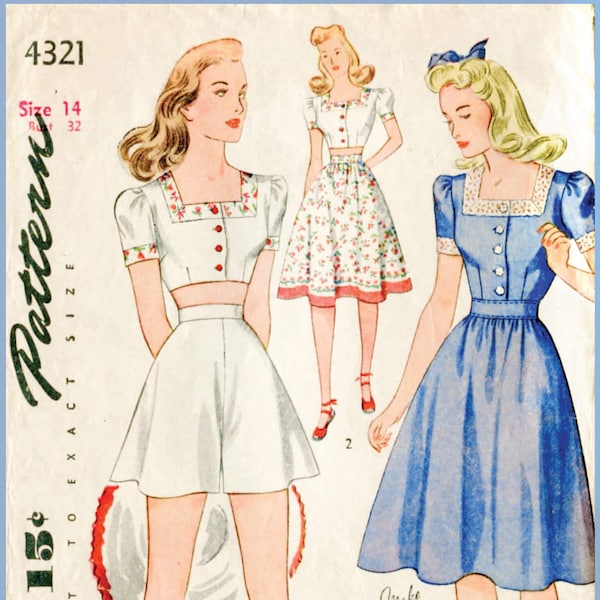 vintage sewing pattern 1940s 40s  crop top playsuit skirt beach romper bust 32 b32 reproduction