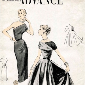 1950s 1960s vintage one shoulder asymmetric cocktail gown wiggle dress sewing pattern evening PICK YOUR SIZE Bust 32 34 36 38