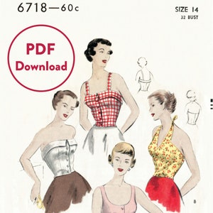 vintage sewing pattern 1950s 50s  crop top halter blouse bustier fitted Bust 32 B32  Instant Download