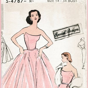 vintage sewing pattern 1950s 50s cocktail dress evening ball gown  slim or full skirt strapless bustier Bust 34  reproduction